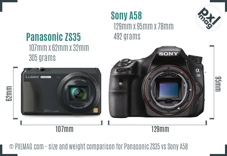 Panasonic ZS35 vs Sony A58 size comparison