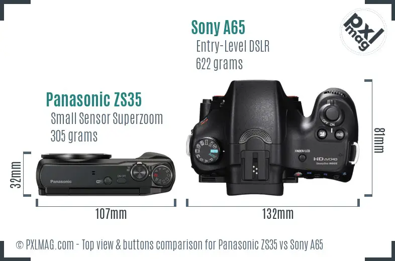 Panasonic ZS35 vs Sony A65 top view buttons comparison Panasonic ZS35 vs Sony A65 top view buttons comparison