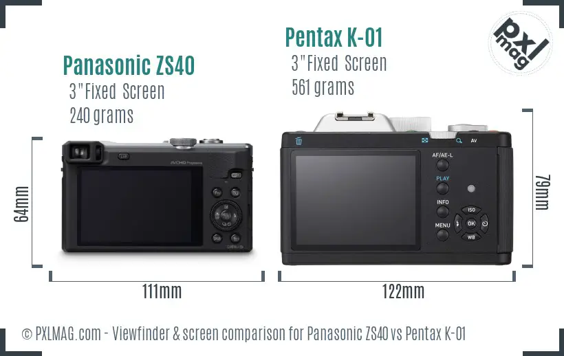 Panasonic ZS40 vs Pentax K-01 Screen and Viewfinder comparison