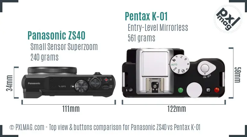 Panasonic ZS40 vs Pentax K-01 top view buttons comparison