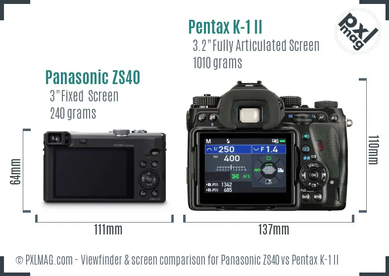 Panasonic ZS40 vs Pentax K-1 II Screen and Viewfinder comparison