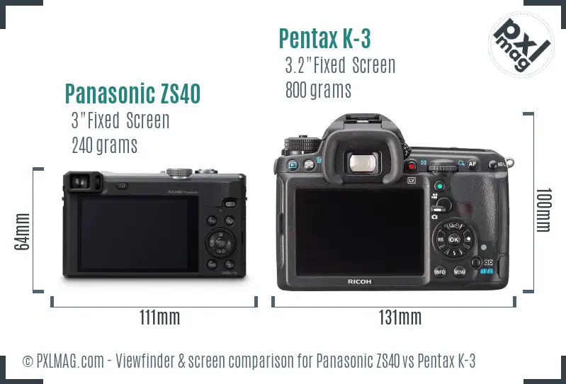 Panasonic ZS40 vs Pentax K-3 Screen and Viewfinder comparison