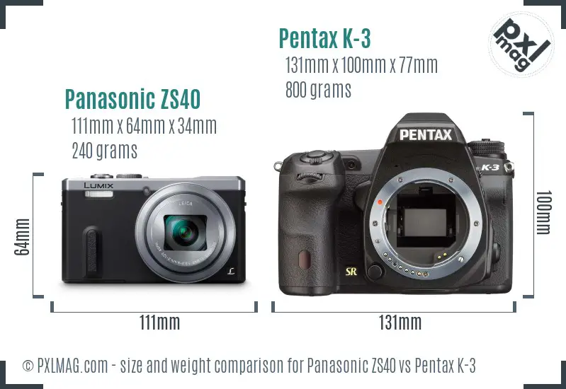 Panasonic ZS40 vs Pentax K-3 size comparison