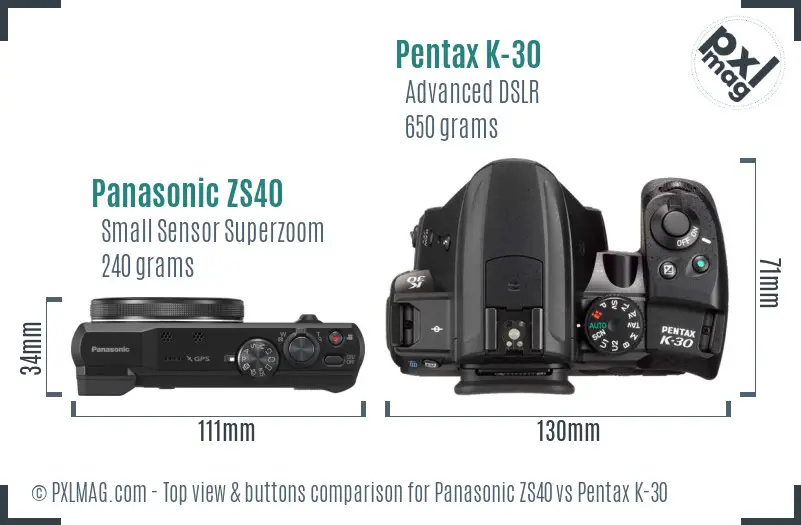 Panasonic ZS40 vs Pentax K-30 top view buttons comparison