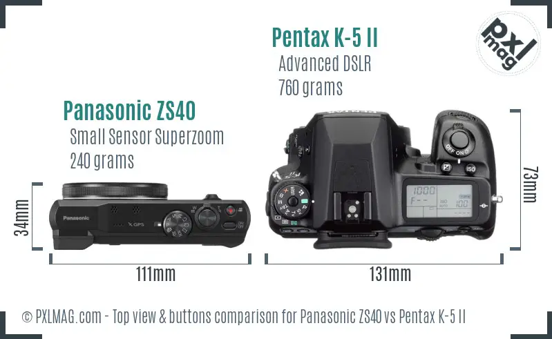 Panasonic ZS40 vs Pentax K-5 II top view buttons comparison