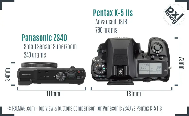 Panasonic ZS40 vs Pentax K-5 IIs top view buttons comparison
