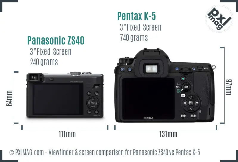 Panasonic ZS40 vs Pentax K-5 Screen and Viewfinder comparison