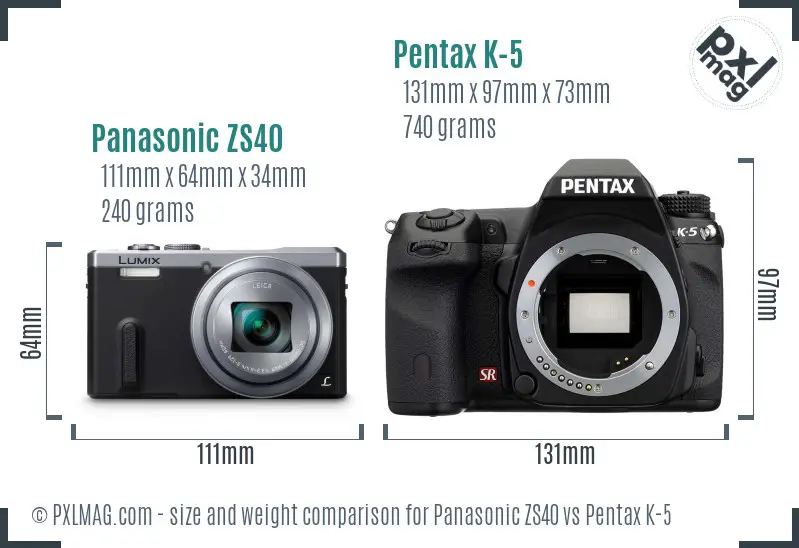Panasonic ZS40 vs Pentax K-5 size comparison