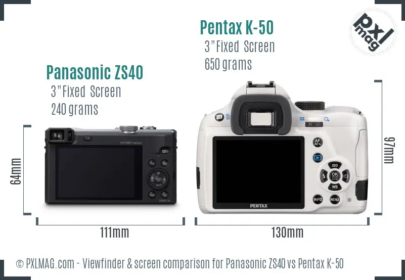 Panasonic ZS40 vs Pentax K-50 Screen and Viewfinder comparison