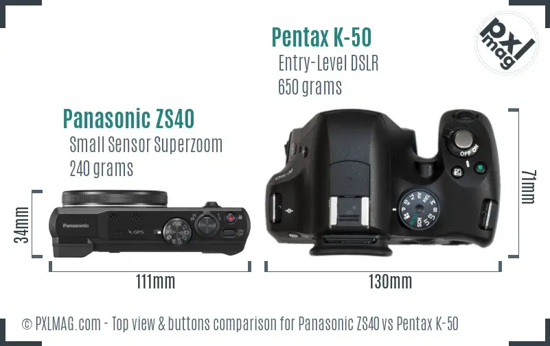 Panasonic ZS40 vs Pentax K-50 top view buttons comparison