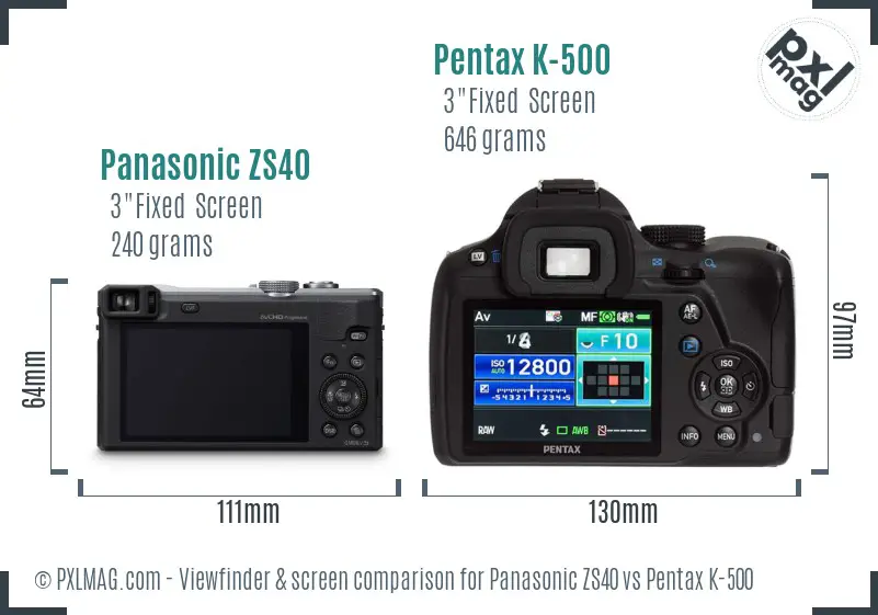 Panasonic ZS40 vs Pentax K-500 Screen and Viewfinder comparison