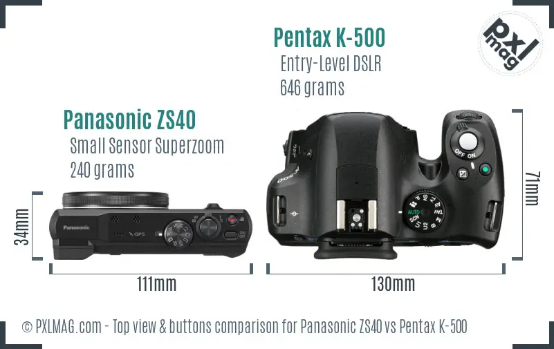 Panasonic ZS40 vs Pentax K-500 top view buttons comparison