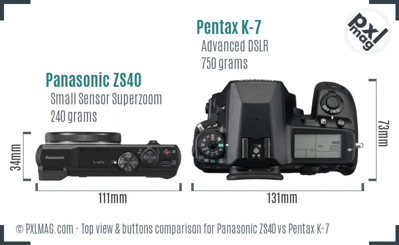 Panasonic ZS40 vs Pentax K-7 top view buttons comparison