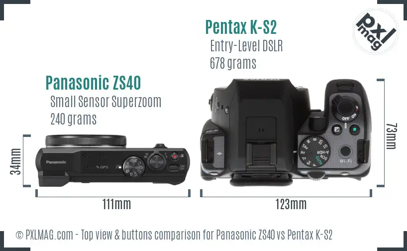 Panasonic ZS40 vs Pentax K-S2 top view buttons comparison