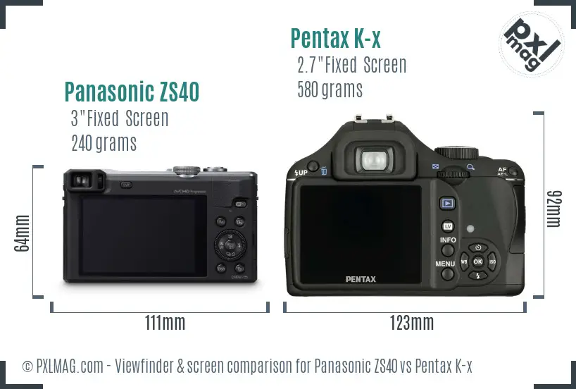 Panasonic ZS40 vs Pentax K-x Screen and Viewfinder comparison