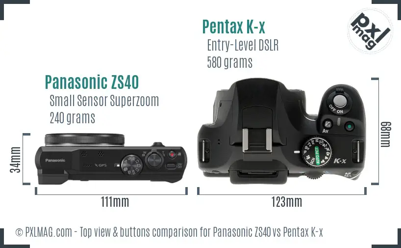 Panasonic ZS40 vs Pentax K-x top view buttons comparison
