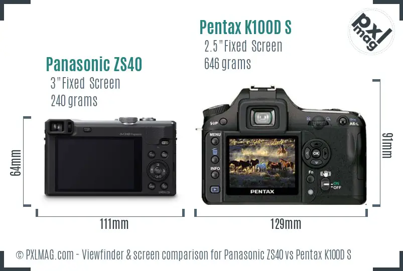 Panasonic ZS40 vs Pentax K100D S Screen and Viewfinder comparison