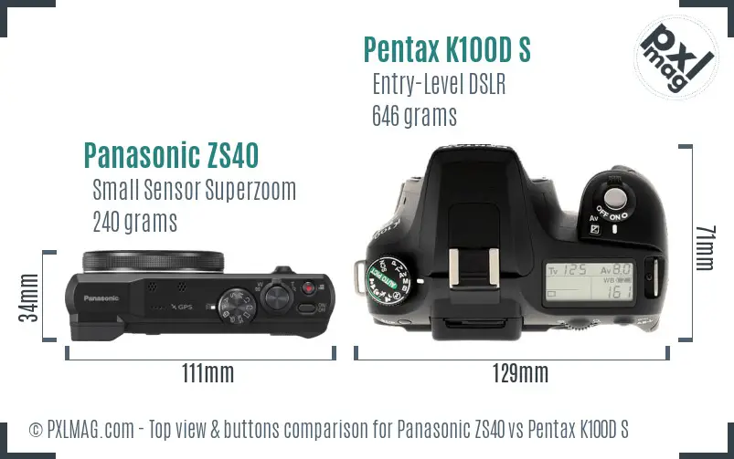 Panasonic ZS40 vs Pentax K100D S top view buttons comparison