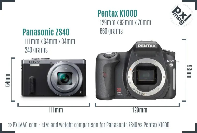 Panasonic ZS40 vs Pentax K100D size comparison