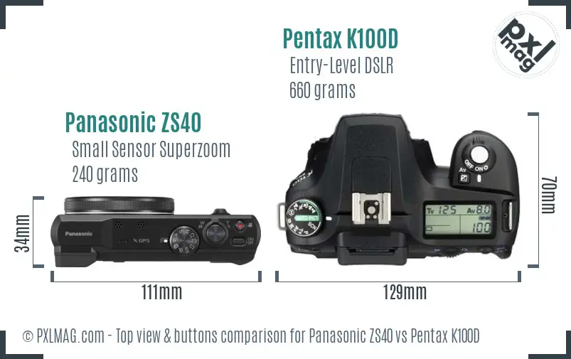 Panasonic ZS40 vs Pentax K100D top view buttons comparison