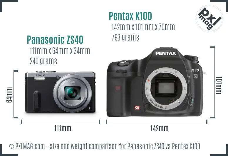 Panasonic ZS40 vs Pentax K10D size comparison
