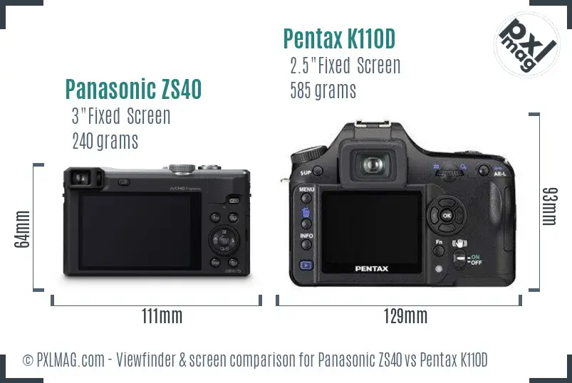 Panasonic ZS40 vs Pentax K110D Screen and Viewfinder comparison