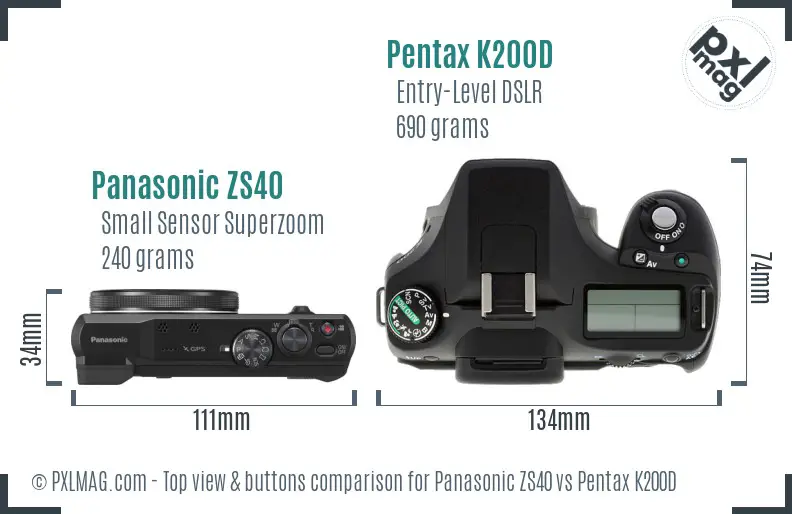 Panasonic ZS40 vs Pentax K200D top view buttons comparison