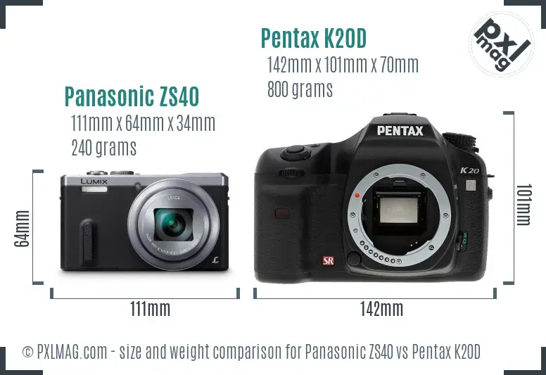 Panasonic ZS40 vs Pentax K20D size comparison