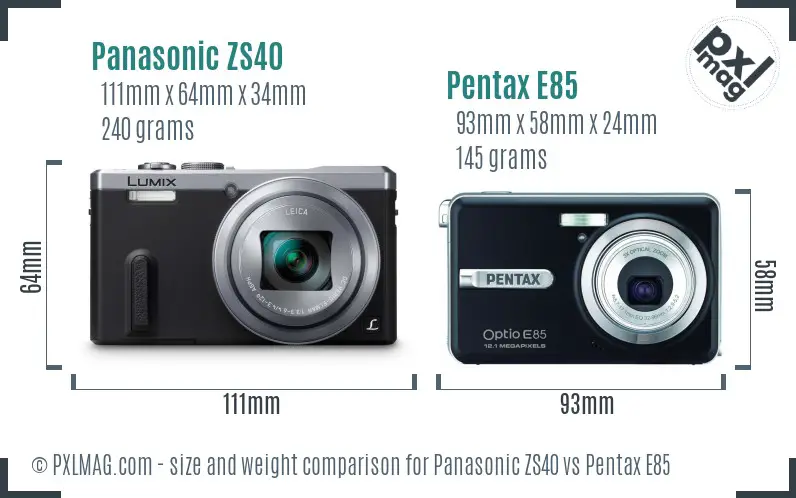 Panasonic ZS40 vs Pentax E85 size comparison