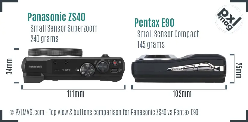 Panasonic ZS40 vs Pentax E90 top view buttons comparison