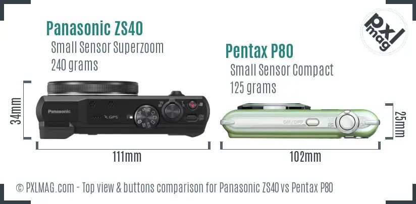 Panasonic ZS40 vs Pentax P80 top view buttons comparison