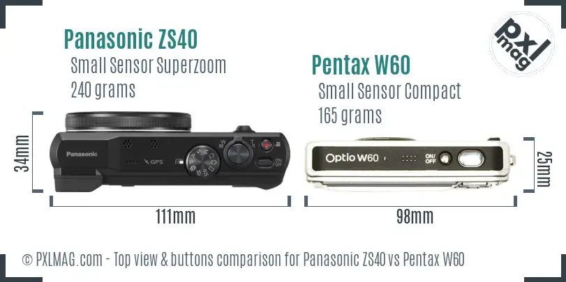 Panasonic ZS40 vs Pentax W60 top view buttons comparison