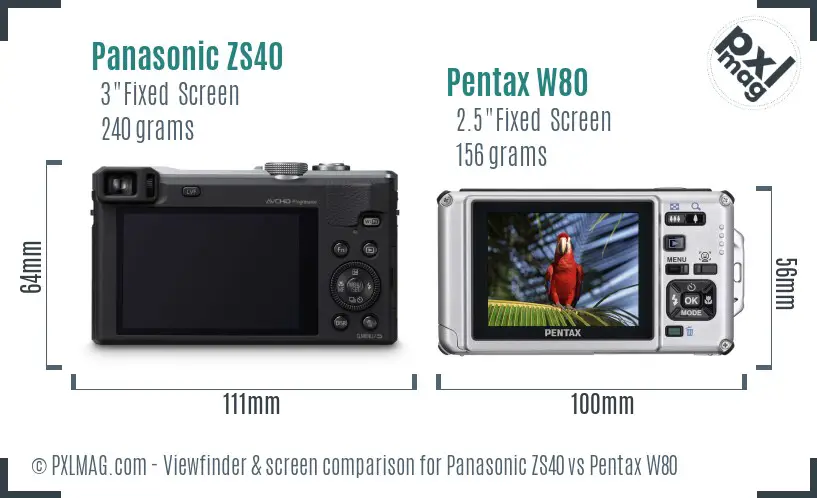 Panasonic ZS40 vs Pentax W80 Screen and Viewfinder comparison
