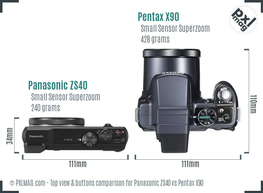 Panasonic ZS40 vs Pentax X90 top view buttons comparison Panasonic ZS40 vs Pentax X90 top view buttons comparison