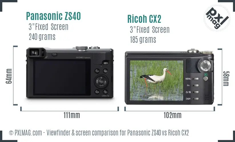 Panasonic ZS40 vs Ricoh CX2 Screen and Viewfinder comparison