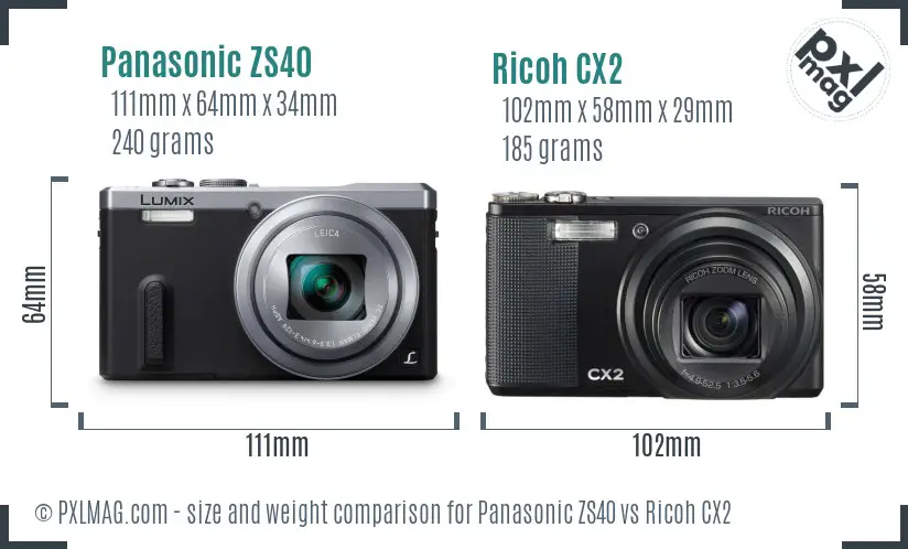 Panasonic ZS40 vs Ricoh CX2 size comparison