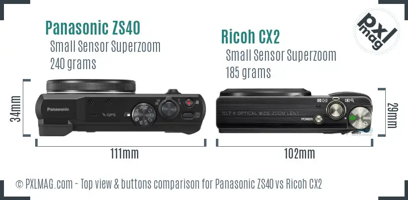 Panasonic ZS40 vs Ricoh CX2 top view buttons comparison