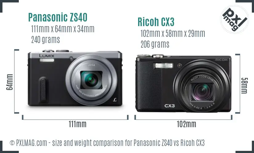 Panasonic ZS40 vs Ricoh CX3 size comparison