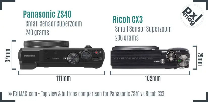 Panasonic ZS40 vs Ricoh CX3 top view buttons comparison