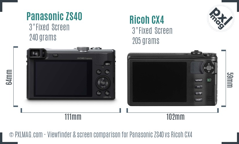 Panasonic ZS40 vs Ricoh CX4 Screen and Viewfinder comparison