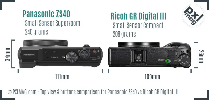 Panasonic ZS40 vs Ricoh GR Digital III top view buttons comparison Panasonic ZS40 vs Ricoh GR Digital III top view buttons comparison