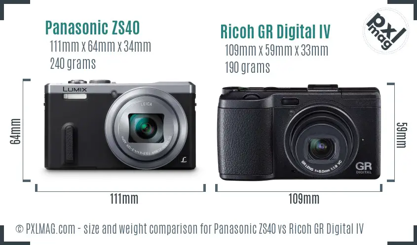 Panasonic ZS40 vs Ricoh GR Digital IV size comparison