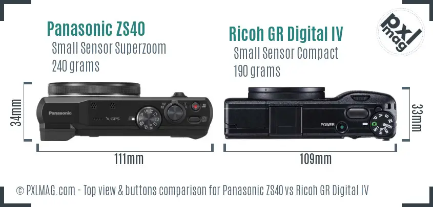 Panasonic ZS40 vs Ricoh GR Digital IV top view buttons comparison
