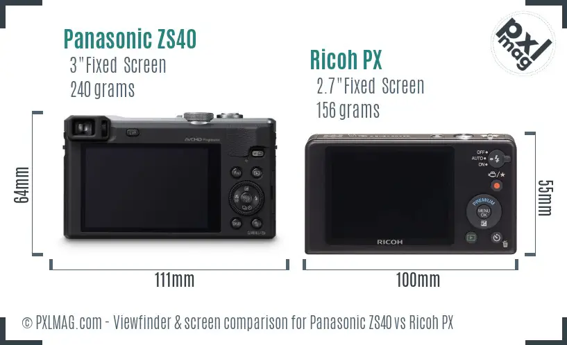 Panasonic ZS40 vs Ricoh PX Screen and Viewfinder comparison