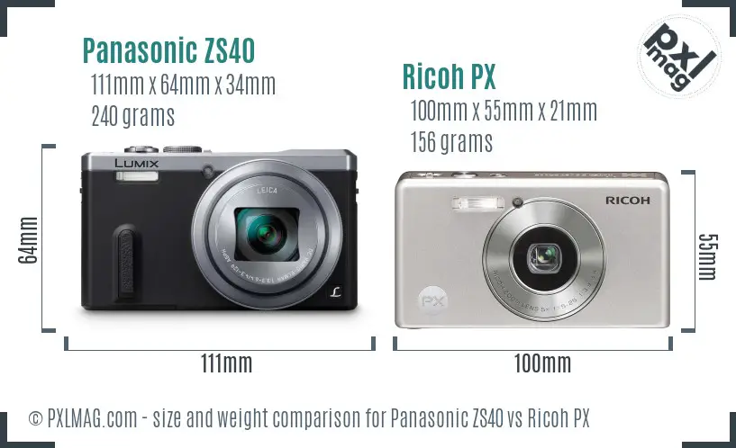 Panasonic ZS40 vs Ricoh PX size comparison