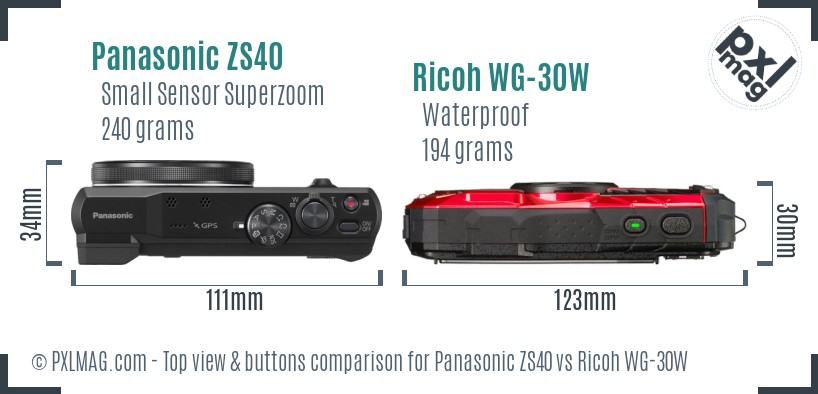 Panasonic ZS40 vs Ricoh WG-30W top view buttons comparison