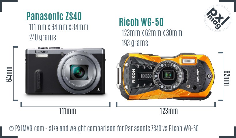 Panasonic ZS40 vs Ricoh WG-50 size comparison