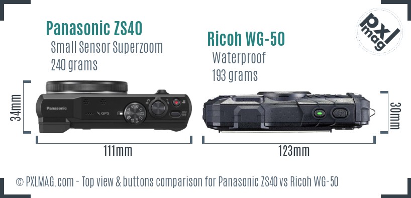 Panasonic ZS40 vs Ricoh WG-50 top view buttons comparison