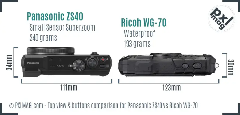 Panasonic ZS40 vs Ricoh WG-70 top view buttons comparison