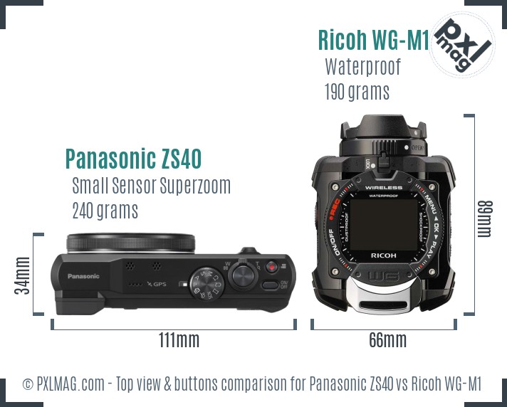Panasonic ZS40 vs Ricoh WG-M1 top view buttons comparison